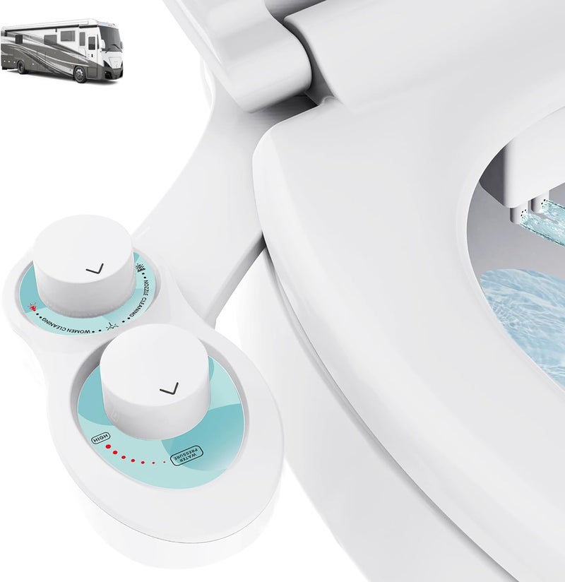Terapaton RV Bidet for Camper Toilet, Non-Electric Toilet Sprayer Attachment with Dual Nozzles, Adjustable Pressure, Front/Rear/Self Cleaning, Upgrade for Trailer, Motorhome, RV Bathroom (White Knob) - Image 1